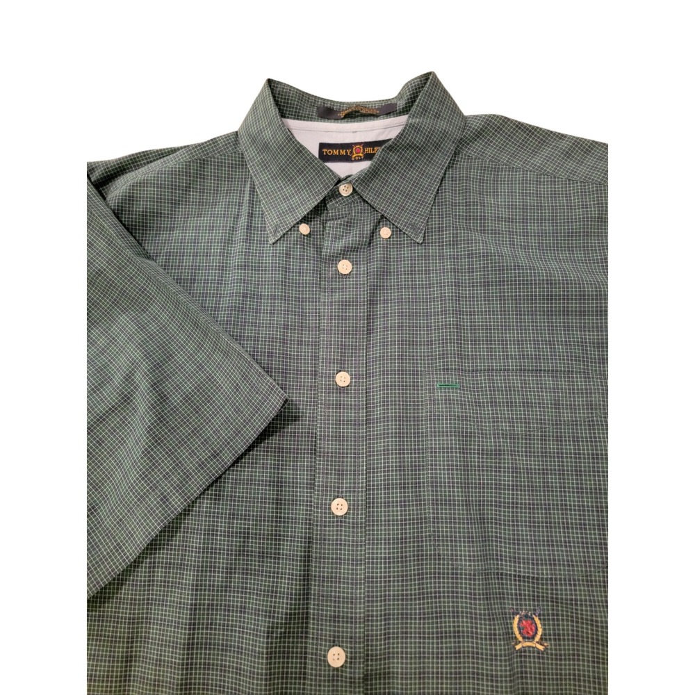 Tommy Hilfiger Men's Green Plaid Short Sleeve Button Up Shirt Golf Crest Logo‎